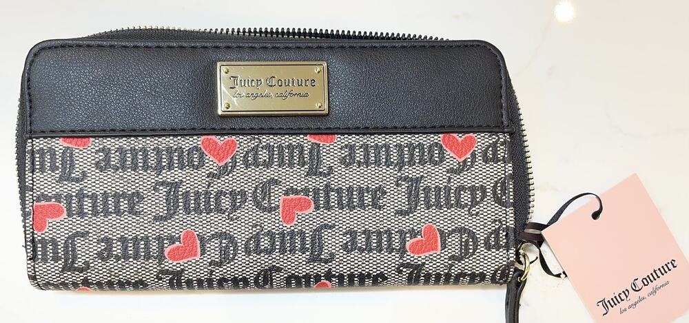 Juicy Couture Wallet Womens One Size Black Zip-Around Heart Logo Faux Leather